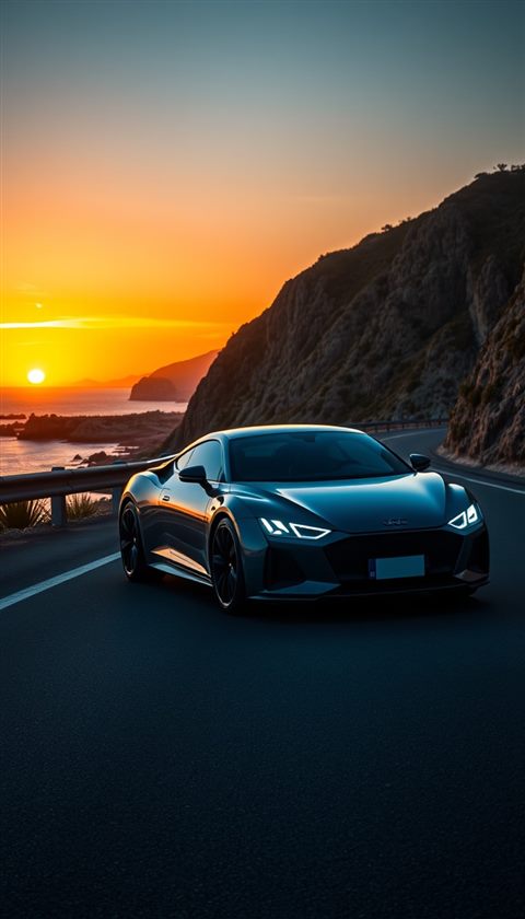 Cinematic film still of A sleek modern car parked peacefully on a scenic coastal road at sunset, wide shot with open space at the top for text, vivid colors, high contrast, energetic, 9:16 aspect ratio