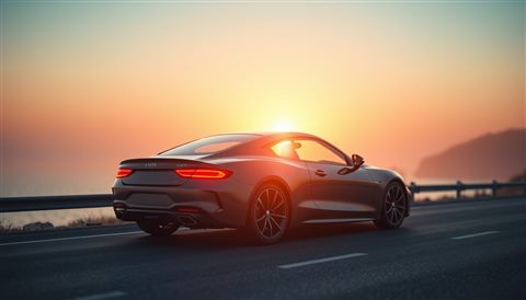 Soft 3D render of A sleek modern car parked peacefully on a scenic coastal road at sunset, close-up detail with shallow depth of field, misty morning haze, dreamy, 16:9 aspect ratio