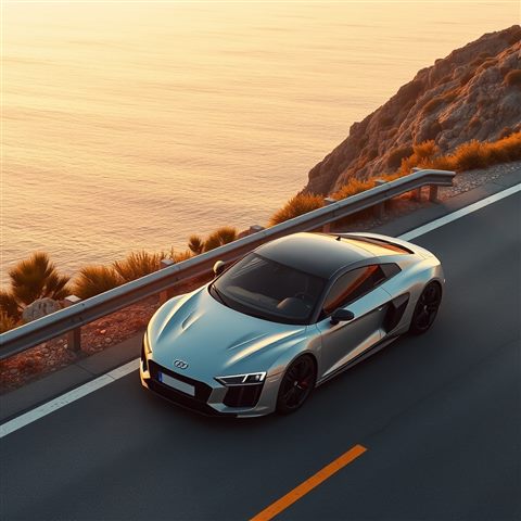 Photorealistic photo of A sleek modern car parked peacefully on a scenic coastal road at sunset, high-angle view from above, warm golden light, calm mood, 1:1 aspect ratio