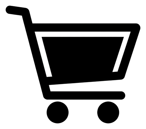 Bold black glyph icon, solid filled silhouette of a shopping cart icon, transparent background PNG