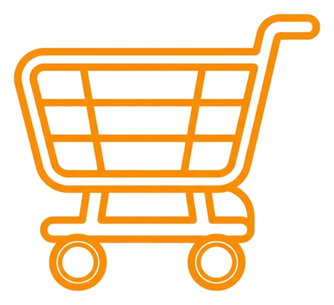 Rounded line icon, thick orange outline of a shopping cart icon, transparent background PNG