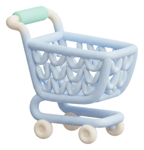 Soft 3D icon, pastel clay render of a shopping cart icon, transparent background PNG