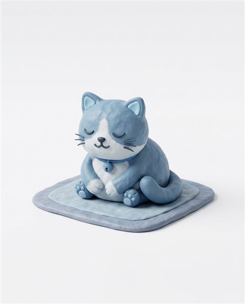3d clay style illustration on a plain white background of a cute cat, simple icon-like composition, cool blue tones, quiet atmosphere, 4:5 aspect ratio