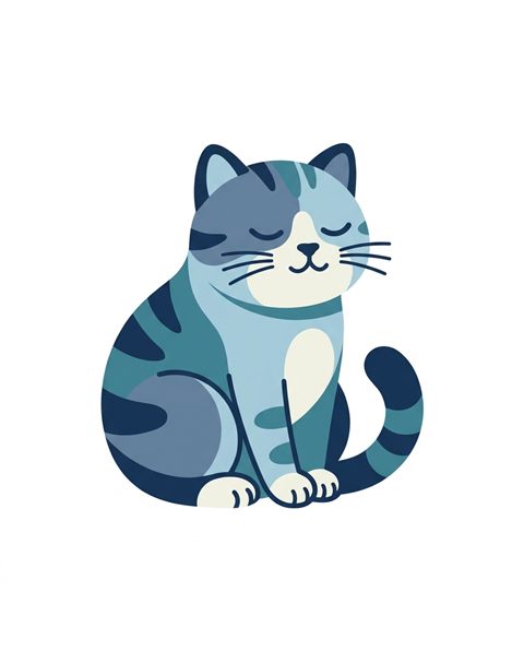 Flat vector illustration on a plain white background of a cute cat, simple icon-like composition, cool blue tones, quiet atmosphere, 4:5 aspect ratio
