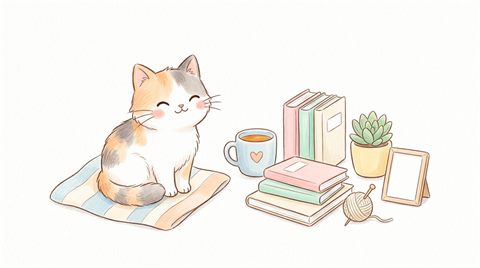 Cute hand-drawn illustration on a plain white background of a cute cat, small set of several items arranged neatly, soft pastel colors, bright and cozy, 16:9 aspect ratio