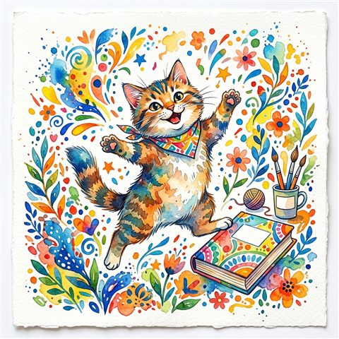 Watercolor illustration on a plain white background of a cute cat, cheerful scene with gentle details, vivid colors, high contrast, energetic, 1:1 aspect ratio
