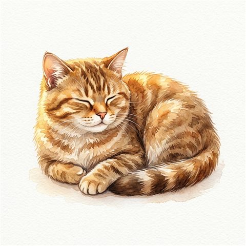 Watercolor illustration on a plain white background of a cute cat, isolated single subject, centered, warm golden light, calm mood, 1:1 aspect ratio