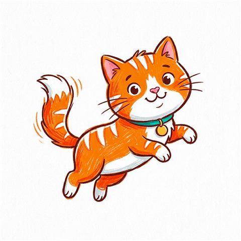 Cute hand-drawn illustration on a plain white background of a cute cat, simple icon-like composition, vivid colors, high contrast, energetic, 1:1 aspect ratio
