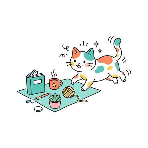Simple line art with soft colors on a plain white background of a cute cat, small set of several items arranged neatly, vivid colors, high contrast, energetic, 1:1 aspect ratio