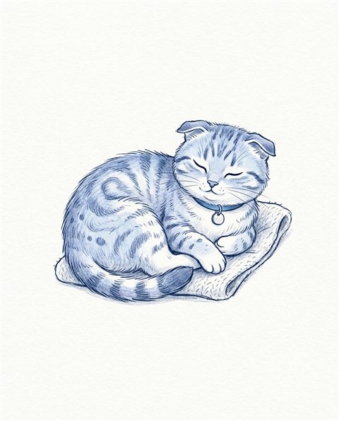 Cute hand-drawn illustration on a plain white background of a cute cat, isolated single subject, centered, cool blue tones, quiet atmosphere, 4:5 aspect ratio
