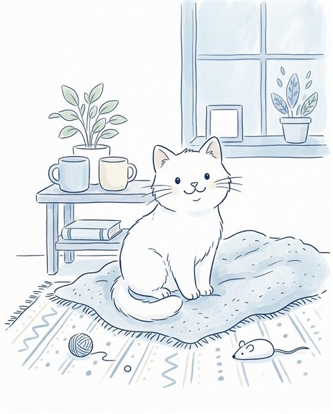 Simple line art with soft colors on a plain white background of a cute cat, cheerful scene with gentle details, cool blue tones, quiet atmosphere, 4:5 aspect ratio