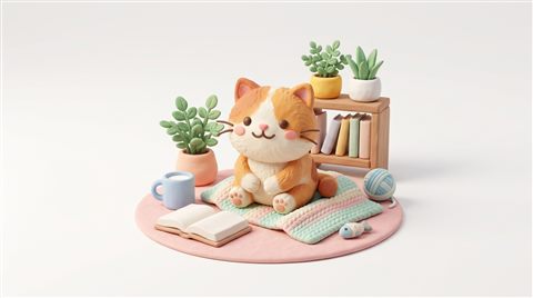 3d clay style illustration on a plain white background of a cute cat, cheerful scene with gentle details, soft pastel colors, bright and cozy, 16:9 aspect ratio