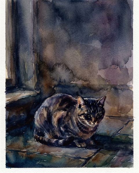 Watercolor illustration of cat, wide shot with open space at the top for text, moody dark tones, dramatic lighting, 4:5 aspect ratio