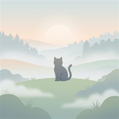 고양이, 미니멀 플랫 일러스트, 단순하고 깔끔한 구도 가운데 놓인 피사체, 아침 안개, 몽환적인 분위기, 1:1 비율
