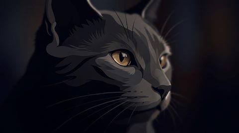 고양이, 미니멀 플랫 일러스트, 가까이 담은 디테일, 얕은 심도, 어두운 톤, 극적인 조명, 16:9 비율