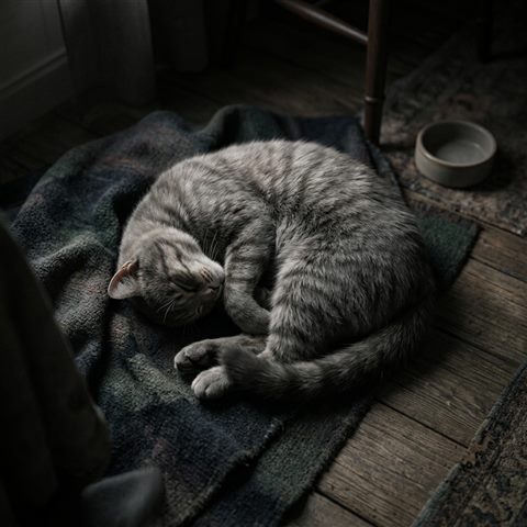 고양이, 부드러운 3D 렌더링, 위에서 내려다본 구도, 어두운 톤, 극적인 조명, 1:1 비율