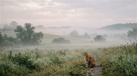 Photorealistic photo of cat, wide shot with open space at the top for text, misty morning haze, dreamy, 16:9 aspect ratio
