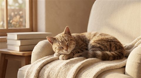 고양이, 부드러운 3D 렌더링, 단순하고 깔끔한 구도 가운데 놓인 피사체, 따뜻한 황금빛, 차분한 분위기, 16:9 비율