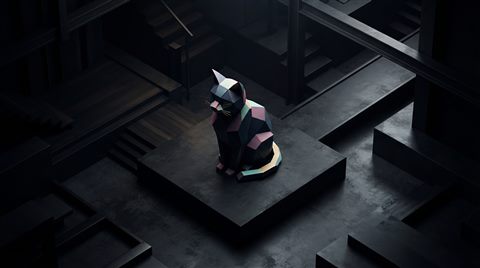 Photorealistic photo of Isometric 3d vector of cat, high-angle view from above, clean white background, vibrant pastel colors, modern and professional, 16:9 aspect ratio, high-angle view from above, moody dark tones, dramatic lighting, 16:9 aspect ratio