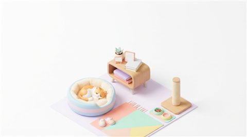 Minimal flat illustration of Isometric 3d vector of cat, high-angle view from above, clean white background, vibrant pastel colors, modern and professional, 16:9 aspect ratio, wide shot with open space at the top for text, soft pastel colors, bright and cozy, 16:9 aspect ratio