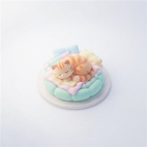 Soft 3D render of Isometric 3d vector of cat, high-angle view from above, clean white background, vibrant pastel colors, modern and professional, 16:9 aspect ratio, centered subject with a simple uncluttered composition, misty morning haze, dreamy, 1:1 aspect ratio