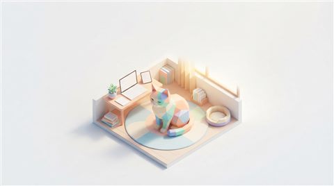 Photorealistic photo of Isometric 3d vector of cat, high-angle view from above, clean white background, vibrant pastel colors, modern and professional, 16:9 aspect ratio, wide shot with open space at the top for text, warm golden light, calm mood, 16:9 aspect ratio