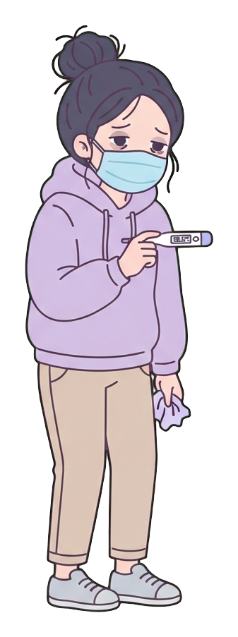 Simple cute flat cartoon illustration with soft pastel colors and thin clean dark outlines of a young woman, person with a cold wearing a face mask and holding a thermometer, transparent background PNG