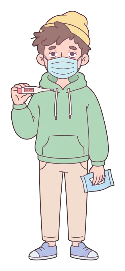 Simple cute flat cartoon illustration with soft pastel colors and thin clean dark outlines of a young man, person with a cold wearing a face mask and holding a thermometer, transparent background PNG