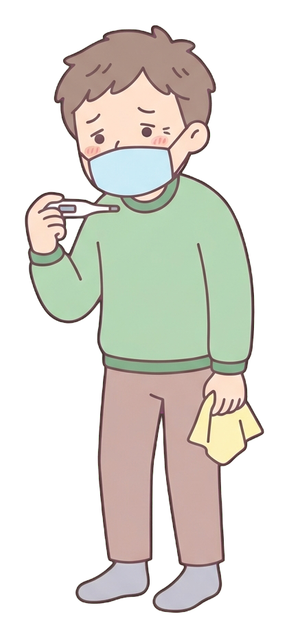 Simple cute flat cartoon illustration with soft pastel colors and thin clean dark outlines of a middle-aged man, person with a cold wearing a face mask and holding a thermometer, transparent background PNG