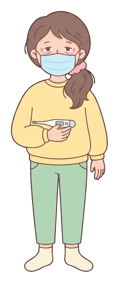 Simple cute flat cartoon illustration with soft pastel colors and thin clean dark outlines of a middle-aged woman, person with a cold wearing a face mask and holding a thermometer, transparent background PNG