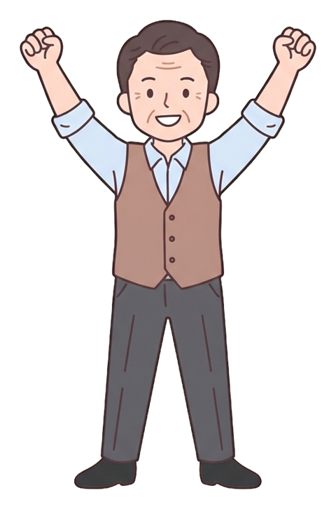 Simple cute flat cartoon illustration with soft pastel colors and thin clean dark outlines of a middle-aged man, office worker raising both arms to celebrate success, transparent background PNG