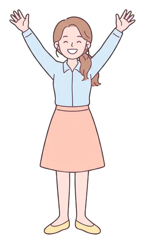 Simple cute flat cartoon illustration with soft pastel colors and thin clean dark outlines of a young woman, office worker raising both arms to celebrate success, transparent background PNG