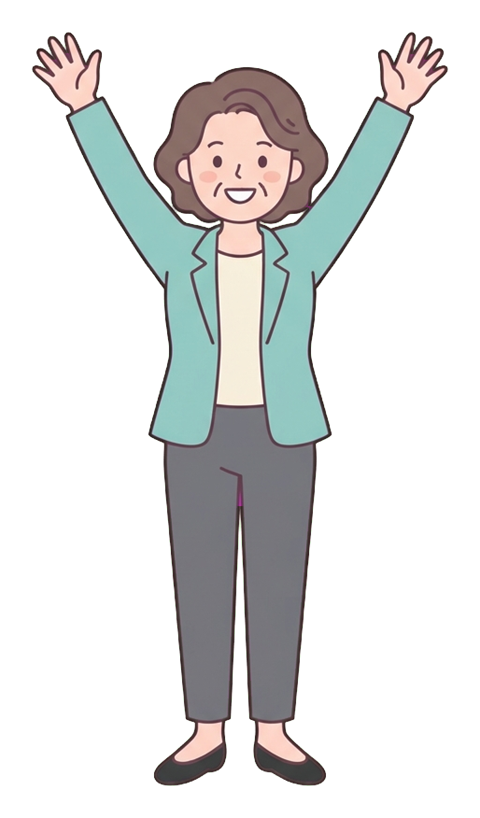 Simple cute flat cartoon illustration with soft pastel colors and thin clean dark outlines of a middle-aged woman, office worker raising both arms to celebrate success, transparent background PNG