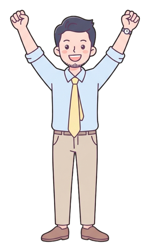 Simple cute flat cartoon illustration with soft pastel colors and thin clean dark outlines of a young man, office worker raising both arms to celebrate success, transparent background PNG
