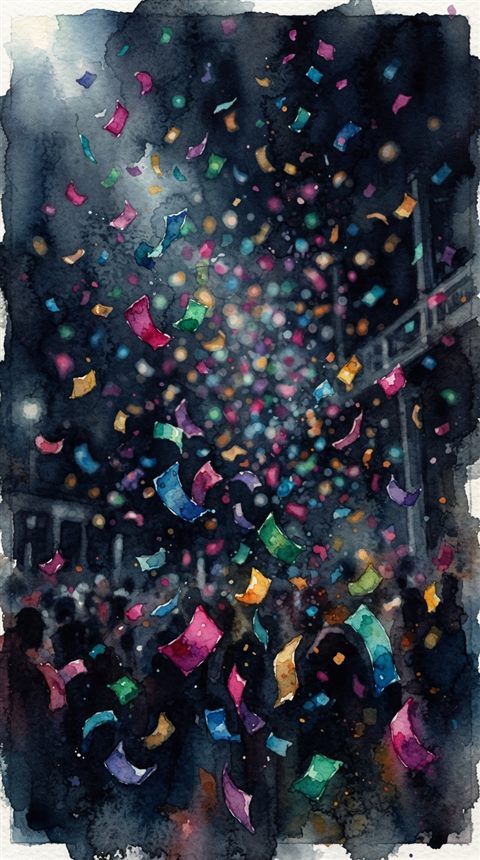 Watercolor illustration of colorful confetti falling, close-up detail with shallow depth of field, moody dark tones, dramatic lighting, 9:16 aspect ratio