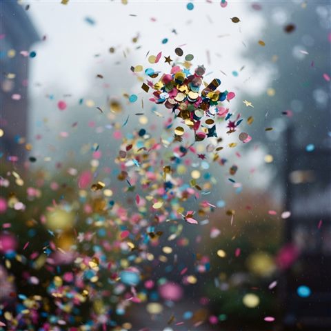 Photorealistic photo of colorful confetti falling, close-up detail with shallow depth of field, misty morning haze, dreamy, 1:1 aspect ratio