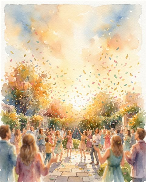 Watercolor illustration of colorful confetti falling, wide shot with open space at the top for text, warm golden light, calm mood, 4:5 aspect ratio