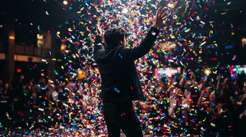 Photorealistic photo of colorful confetti falling, centered subject with a simple uncluttered composition, vivid colors, high contrast, energetic, 16:9 aspect ratio
