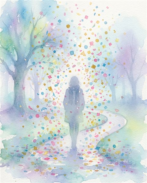 Watercolor illustration of colorful confetti falling, centered subject with a simple uncluttered composition, misty morning haze, dreamy, 4:5 aspect ratio