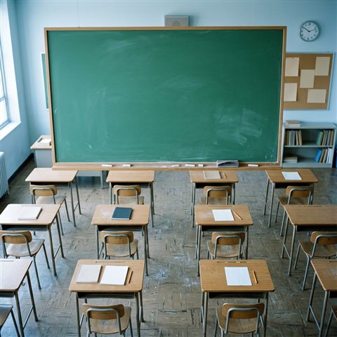 Photorealistic photo of a blank green chalkboard in a classroom, high-angle view from above, cool blue tones, quiet atmosphere, 1:1 aspect ratio