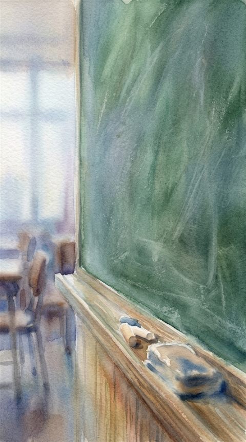 Watercolor illustration of a blank green chalkboard in a classroom, close-up detail with shallow depth of field, misty morning haze, dreamy, 9:16 aspect ratio