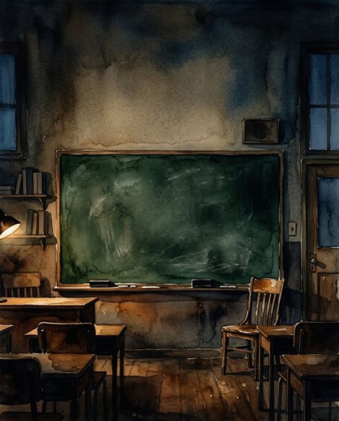 Watercolor illustration of a blank green chalkboard in a classroom, wide shot with open space at the top for text, moody dark tones, dramatic lighting, 4:5 aspect ratio