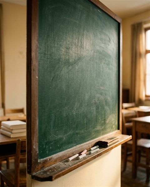 Cinematic film still of a blank green chalkboard in a classroom, close-up detail with shallow depth of field, warm golden light, calm mood, 4:5 aspect ratio