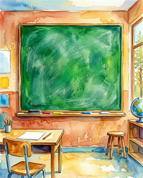 Watercolor illustration of a blank green chalkboard in a classroom, centered subject with a simple uncluttered composition, vivid colors, high contrast, energetic, 4:5 aspect ratio