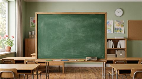 Photorealistic photo of a blank green chalkboard in a classroom, centered subject with a simple uncluttered composition, soft pastel colors, bright and cozy, 16:9 aspect ratio
