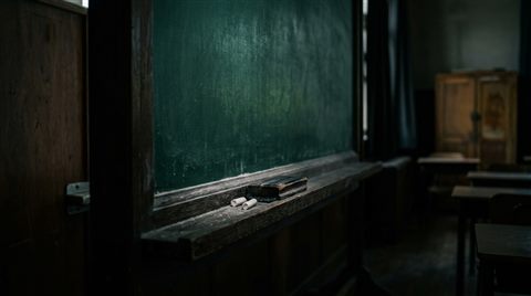 Minimal flat illustration of a blank green chalkboard in a classroom, close-up detail with shallow depth of field, moody dark tones, dramatic lighting, 16:9 aspect ratio