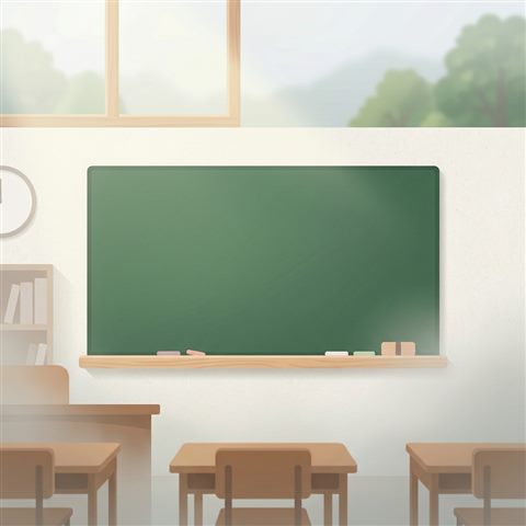 Minimal flat illustration of a blank green chalkboard in a classroom, centered subject with a simple uncluttered composition, misty morning haze, dreamy, 1:1 aspect ratio