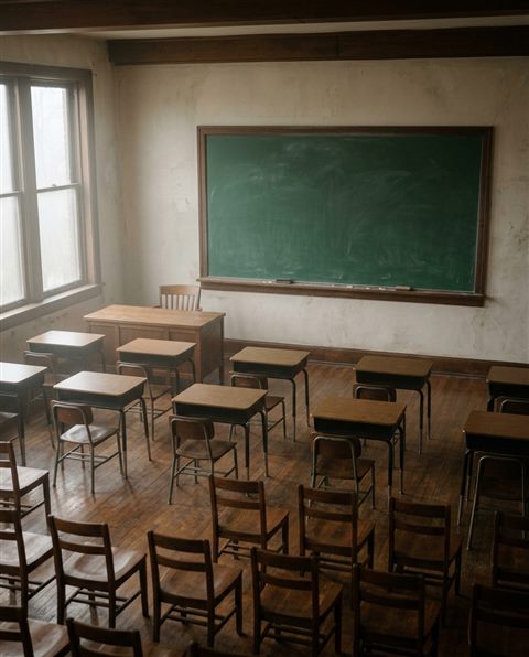 Cinematic film still of a blank green chalkboard in a classroom, high-angle view from above, misty morning haze, dreamy, 4:5 aspect ratio