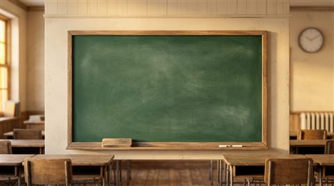 Soft 3d render of a blank green chalkboard in a classroom, centered subject with a simple uncluttered composition, warm golden light, calm mood, 16:9 aspect ratio