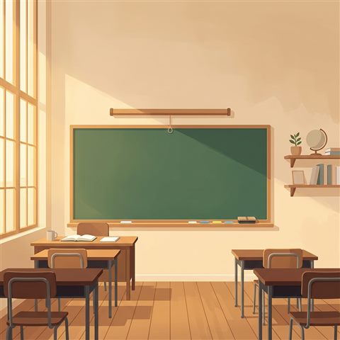 Minimal flat illustration of a blank green chalkboard in a classroom, wide shot with open space at the top for text, warm golden light, calm mood, 1:1 aspect ratio
